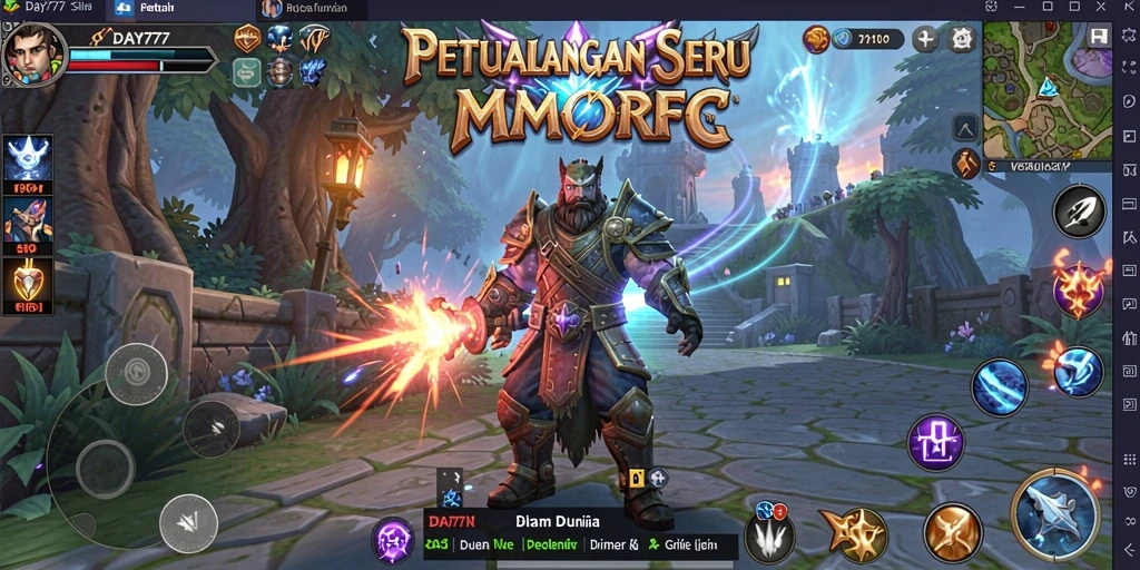 Screenshot utama DAY777 menunjukkan pemain bertarung dalam pertempuran epik di dunia MMORPG.
