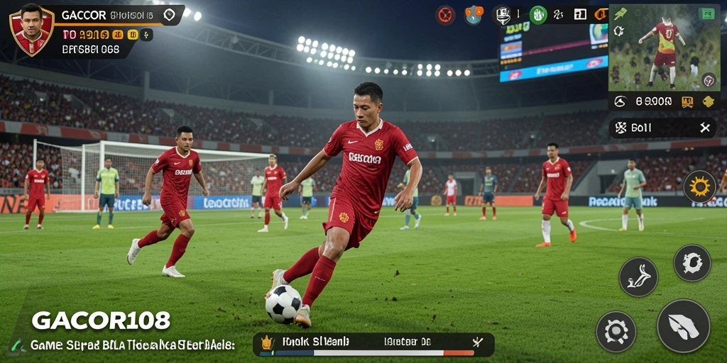 Screenshot gameplay GACOR108 menampilkan aksi seru di lapangan sepak bola.