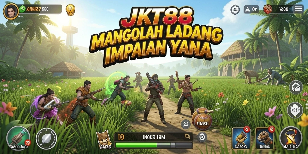 Screenshot gameplay JKT88 yang menampilkan ladang subur dan hewan ternak.