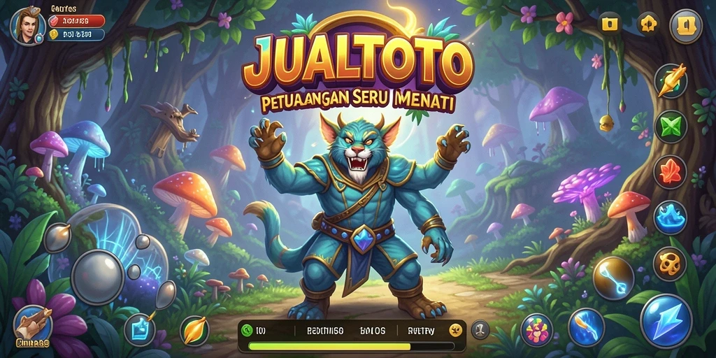 Tampilan gameplay JUALTOTO dengan karakter dan misi petualangan.