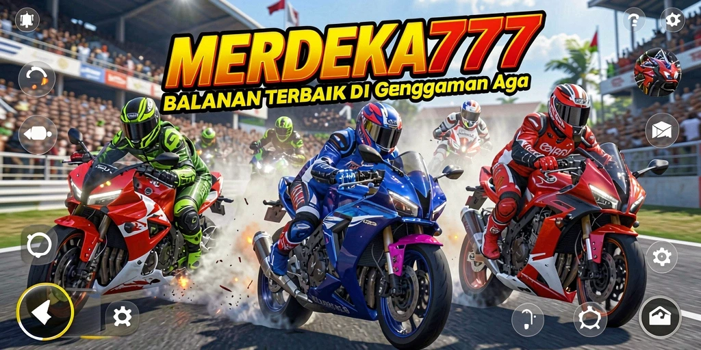 Screenshot game MERDEKA777 menampilkan aksi balapan motor yang mendebarkan.