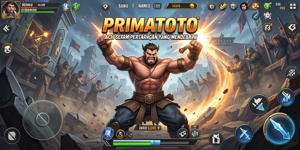 Screenshot gameplay PRIMATOTO yang menunjukkan aksi heroik dalam pertarungan.