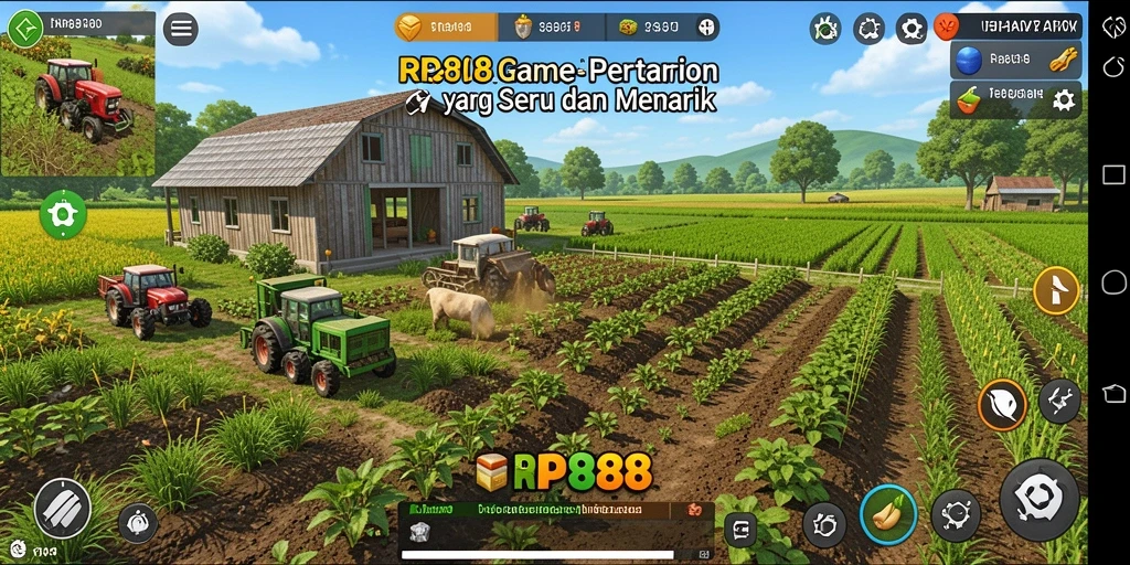 Tangkapan layar gameplay RP888 menunjukkan aktivitas bertani yang seru dan interaktif.