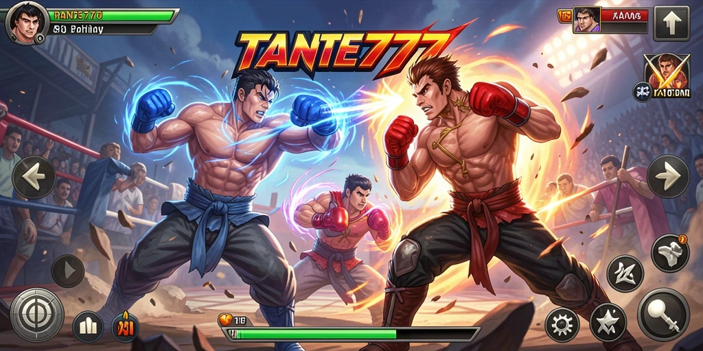 Tangkapan layar gameplay TANTE777 menampilkan pertarungan seru antar karakter.